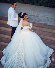 Load image into Gallery viewer, V Neck Off The Shoulder Tulle Ball Gown Wedding Dresses