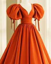 Load image into Gallery viewer, V Neck Puffy Sleeves Orange Ball Gown
