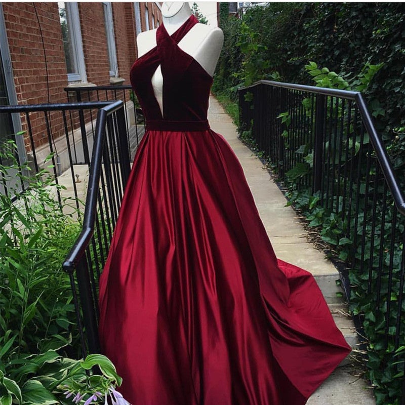Velvet Halter Top Long Satin Prom Dresses Ball Gown Velvet Halter Top Long Satin Prom Dresses Ball Gown
