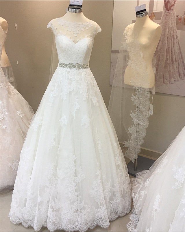Vintage A-line Cap Sleeves Crystal Beaded Sashes Wedding Lace Dresses Vintage A-line Cap Sleeves Crystal Beaded Sashes Wedding Lace Dresses