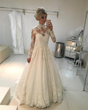 Load image into Gallery viewer, A-line-High-Neck-Illusion-Sleeves-Wedding-Dresses-Ball-Gowns