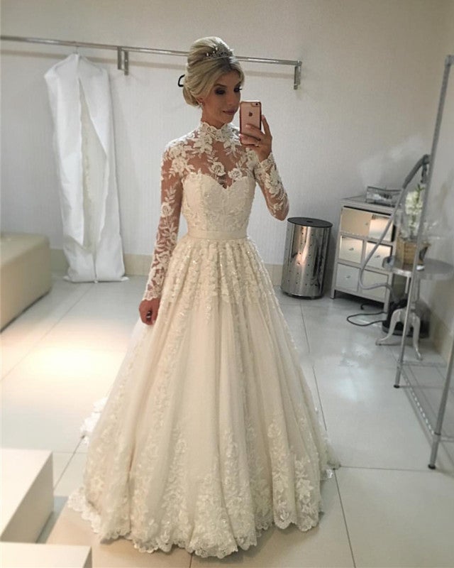 Vintage A-Line High Neck Long Sleeves Lace Wedding Dresses Floor Length Vintage A-Line High Neck Long Sleeves Lace Wedding Dresses Floor Length
