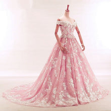 Load image into Gallery viewer, Vintage Lace Appliques Off Shoulder Pink Lace Wedding Dress Ball Gowns