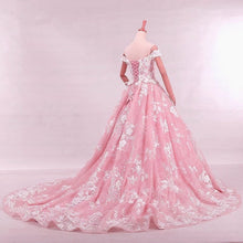 Load image into Gallery viewer, Vintage Lace Appliques Off Shoulder Pink Lace Wedding Dress Ball Gowns