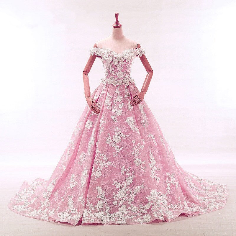 vintage pink wedding dress Vintage Lace Appliques Off Shoulder Pink Lace Wedding Dress Ball Gowns