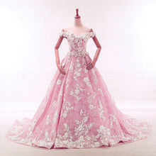 Load image into Gallery viewer, Vintage Lace Appliques Off Shoulder Pink Lace Wedding Dress Ball Gowns-alinanova