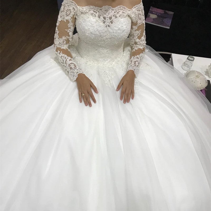 Timeless Ball Gown Off The Shoulder Tulle Lace Beaded Long Sleeves Long Wedding Dresses C4135