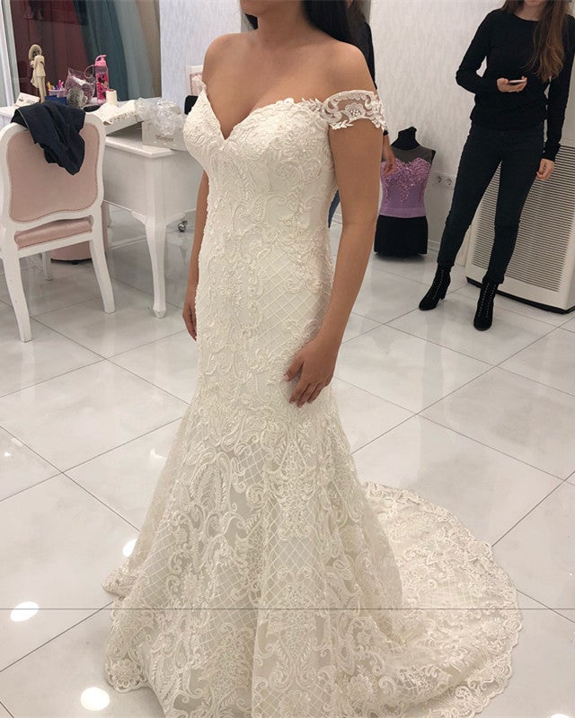 Lace Wedding Dress Mermaid V Neck Off The Shoulder – alinanova