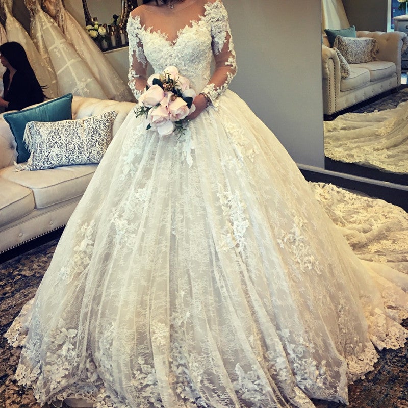 Vintage Long Sleeves Lace Ball Gown Wedding Dresses Illusion Neckline Vintage Long Sleeves Lace Ball Gown Wedding Dresses Illusion Neckline