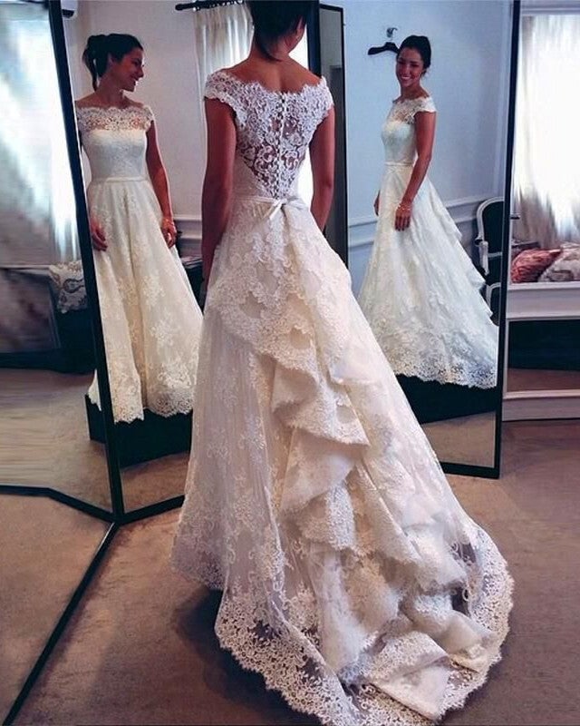 Vintage Scoop Neckline Lace Wedding Dresses Bustle Style Bridal Gowns Vintage Scoop Neckline Lace Wedding Dresses Bustle Style Bridal Gowns