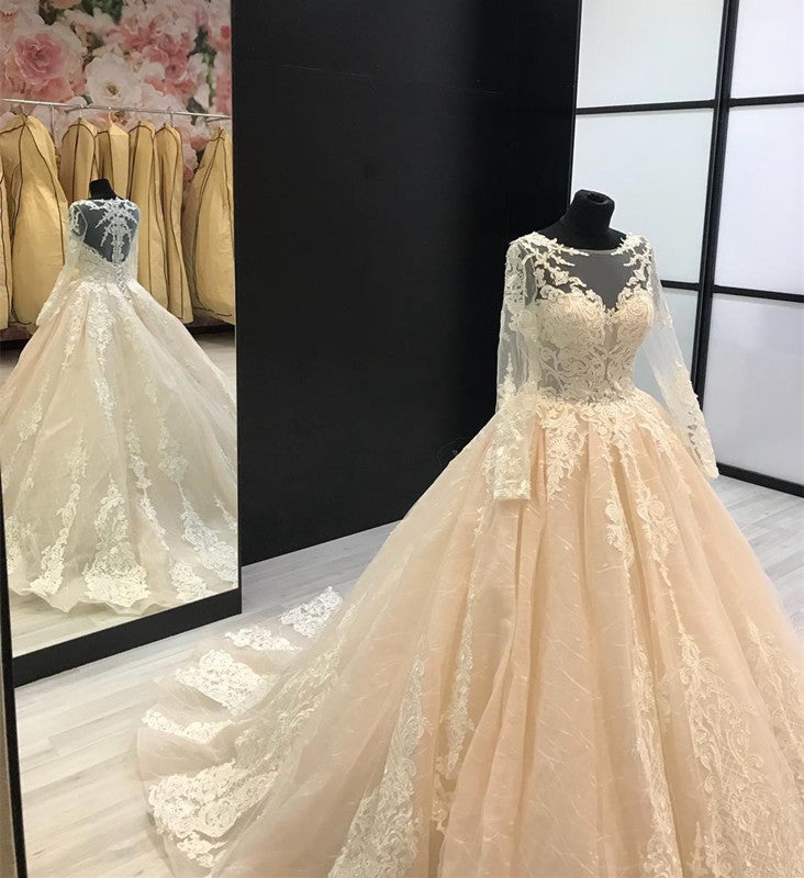 Champagne Tulle Scoop Appliques Button Back Wedding Dress