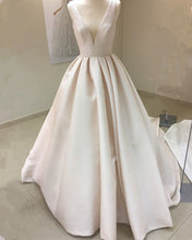 Load image into Gallery viewer, Simple-Satin-Wedding-Gowns-Puffy-Bridal-Dress-V-neck