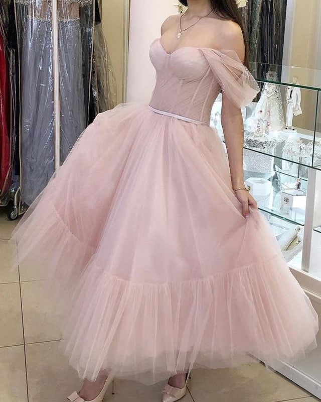 Vintage Tea Length Dresses Tulle Off Shoulder
