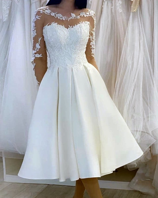Vintage Tea Length Wedding Dresses Sheer Long Sleeves