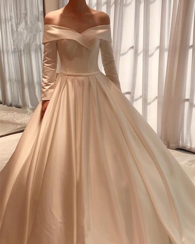 Long Sleeves Wedding Dress Satin Ball Gown Off Shoulder alinanova