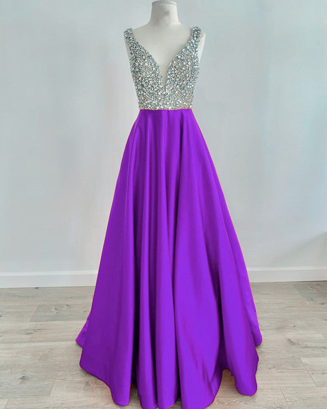 Beaded V Neck Long Satin Violet Prom Dresses