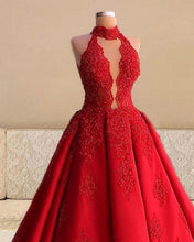 Load image into Gallery viewer, Red Lace Halter Ball Gown Satin Dress