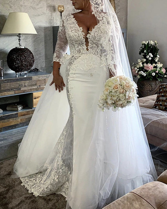 lace mermaid wedding dress with 3 4 sleeves White Wedding Dresses 2026 Women's Lace Appliques Trumpet/Mermaid Sweetheart 3/4 Sleeves Floor-Length Bridal Gowns