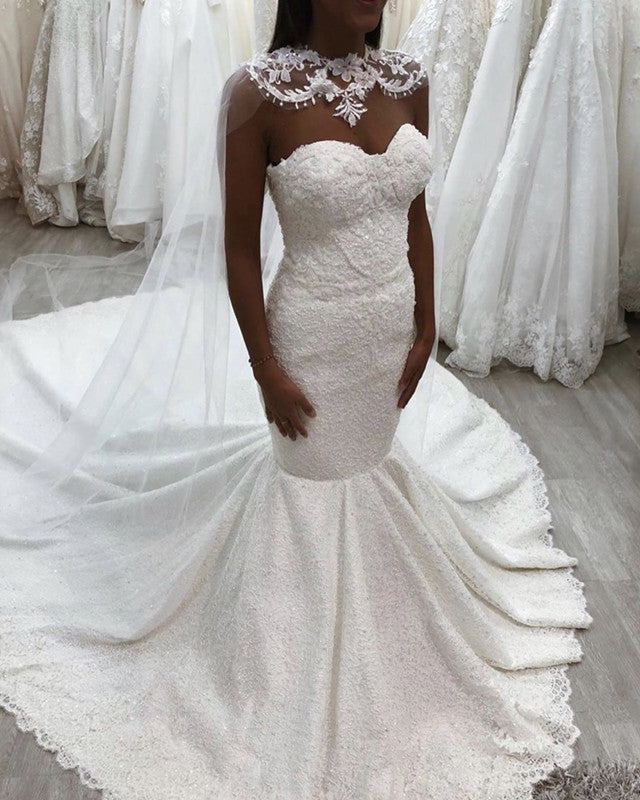 mermaid sweetheart wedding dress Lace Mermaid Sweetheart Wedding Dress With Cape