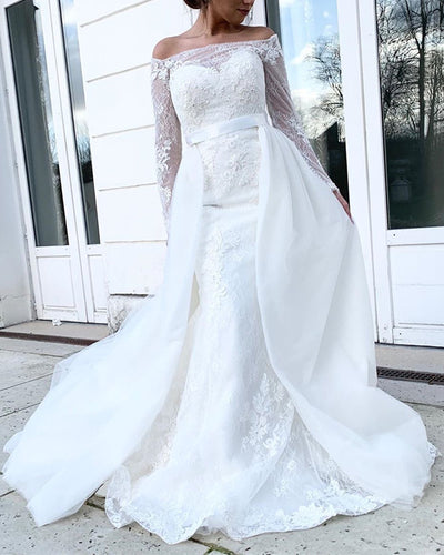Lace Mermaid Wedding Dress Removable Skirt Off Shoulder-alinanova