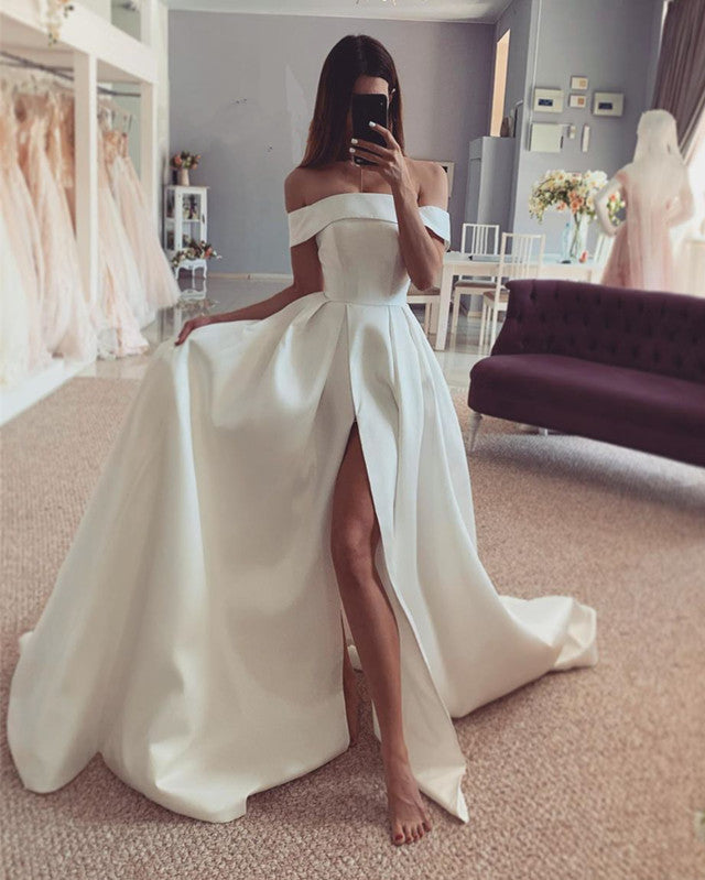 minimalist wedding dress 2021 Simple Wedding Dress Satin Split Off The Shoulder