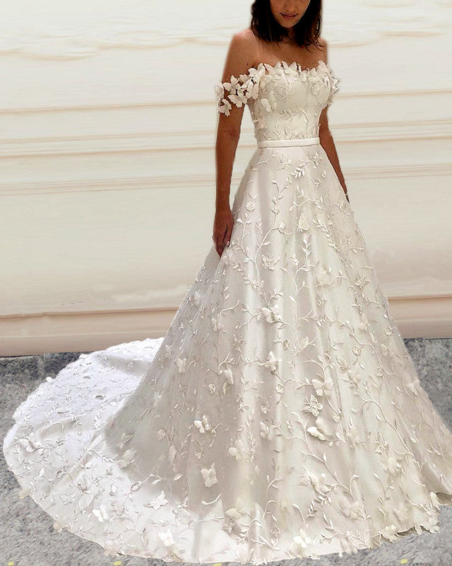 Princess Wedding Dress Butterfly Lace Embroidery Off Shoulder Princess Wedding Dress Butterfly Lace Embroidery Off Shoulder