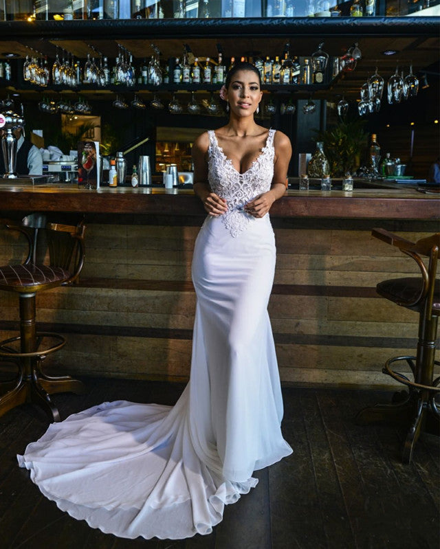 fitted lace wedding dress Boho Lace Mermaid Wedding Dresses with Sleeves Viniodress VW1112