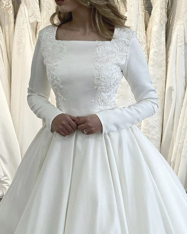 Modest Satin Wedding Dress Long Sleeves Lace Appliques-alinanova