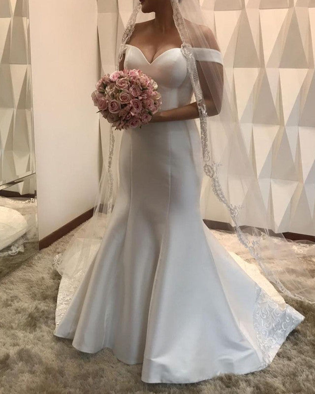 Off The Shoulder Mermaid Wedding Dress Satin Court Train with Embroidery