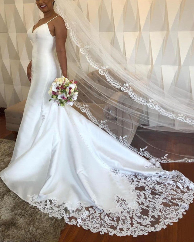Elegant Satin Mermaid Wedding Dresses V Neck Lace Train alinanova Elegant Satin Mermaid Wedding Dresses V Neck Lace Train alinanova