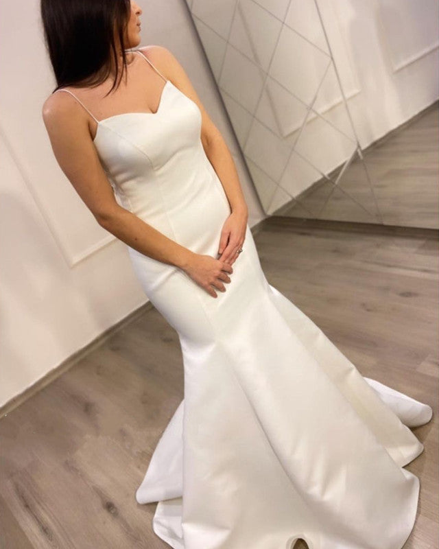 chinese dress ladies Zapaka Women Court Train Ivory Wedding Dress Sleeveless Back Zipper Satin Mermaid Bridal Dress, Ivory / US12 main image 0