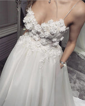 Load image into Gallery viewer, A-line 3D Flowers V Neck Tulle Wedding Dresses With Pockets
