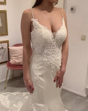 Load image into Gallery viewer, V Neck Mermaid Wedding Dress Satin Sweep Train Lace Edge