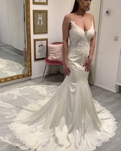 Load image into Gallery viewer, V Neck Mermaid Wedding Dress Satin Sweep Train Lace Edge-alinanova