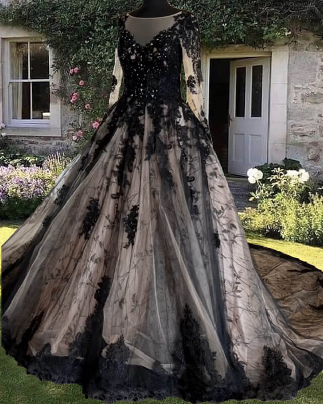 chinese dress ladies Gothic Black Lace Mock Neck Taffeta Ball Gown Wedding Dress, White