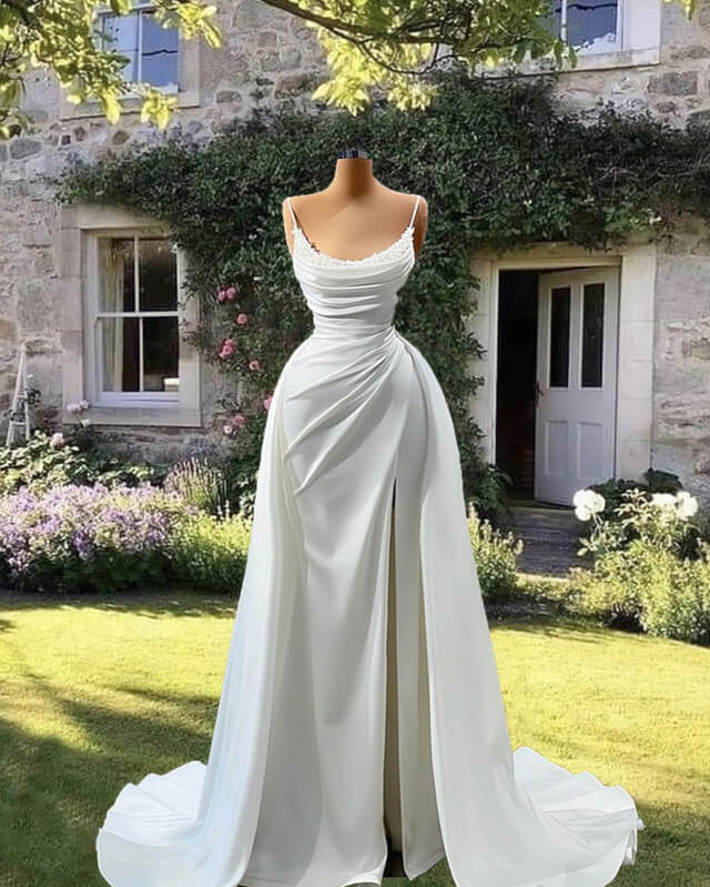 fitted lace wedding dress White Spaghetti Strap Long Prom Dress, Mermaid Off The Shoulder Party Dress US 2 / White