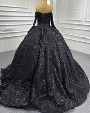 Load image into Gallery viewer, Black Sparkly Off Shoulder Long Sleeve Ball Gown