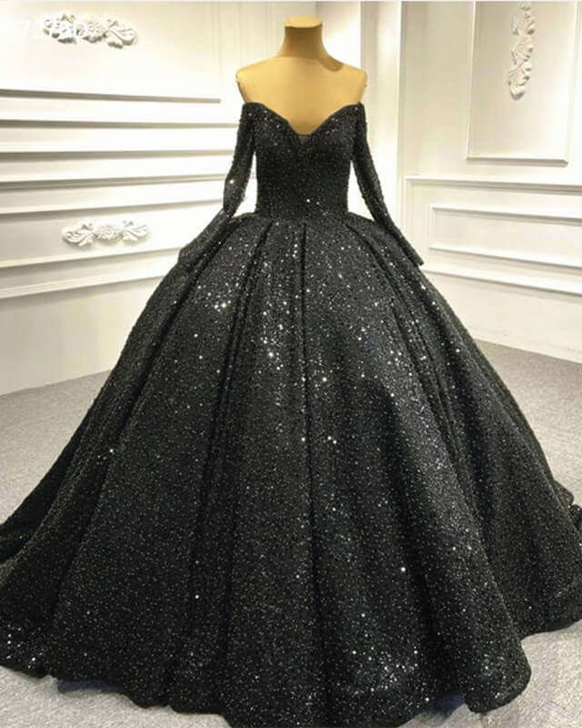 Black Sparkly Off Shoulder Long Sleeve Ball Gown alinanova Black Sparkly Off Shoulder Long Sleeve Ball Gown alinanova