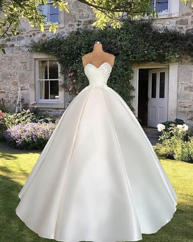simple beaded wedding dresses Ball Gown Satin Sweetheart Wedding Dress Pearl Beaded