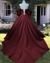 Load image into Gallery viewer, Dark Burgundy Puffy Sleeve Satin Ball Gown Dress