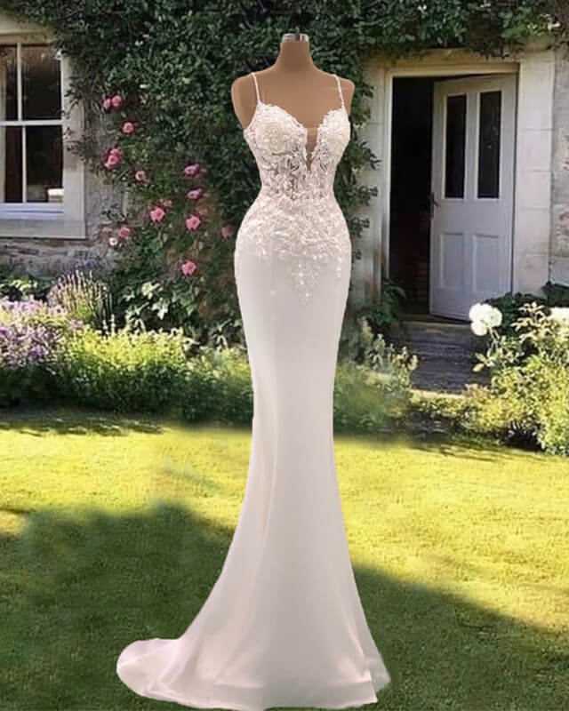 celestial beaded dress Appliqued Lace Beach Wedding Gowns with See-through Neckline –  loveangeldress main image 0