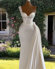 Load image into Gallery viewer, Mermaid Pearl Beaded One Shoulder Satin Wedding Dress