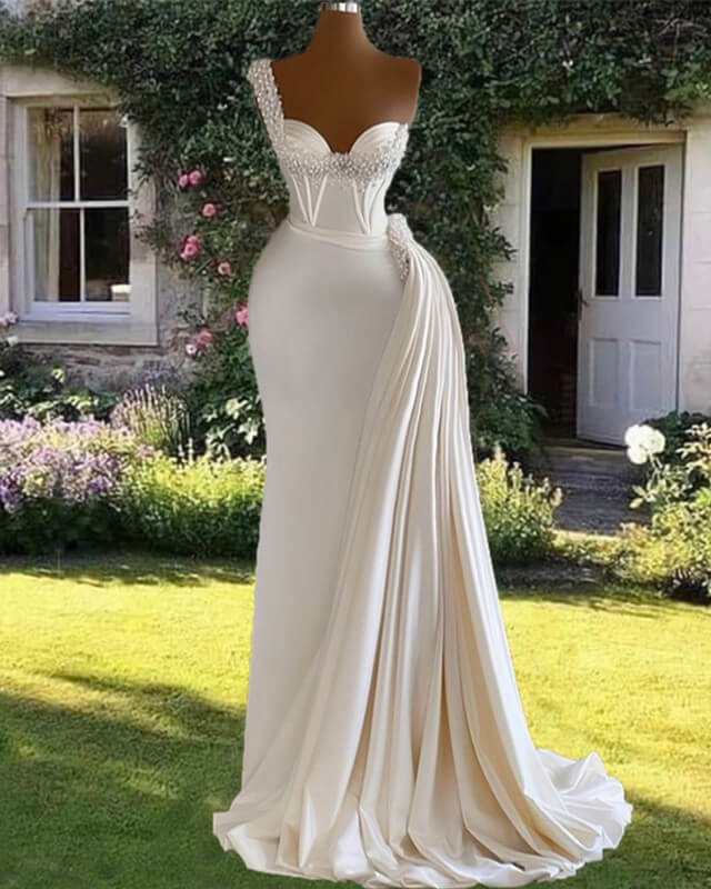 chinese dress ladies One Shoulder Sweetheart White Beaded Mermaid Prom Dress Evening Dress –  SELINADRESS main image 1