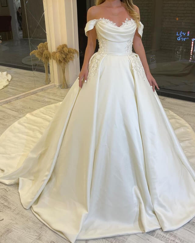 Princess Off Shoulder Appliques Ruched Satin Wedding Dress
