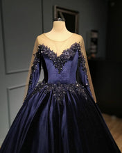 Load image into Gallery viewer, Navy Blue Velvet Ball Gown Long Sleeve Dress
