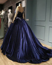 Load image into Gallery viewer, Navy Blue Velvet Ball Gown Long Sleeve Dress