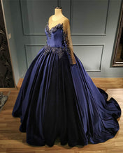 Load image into Gallery viewer, Navy Blue Velvet Ball Gown Long Sleeve Dress