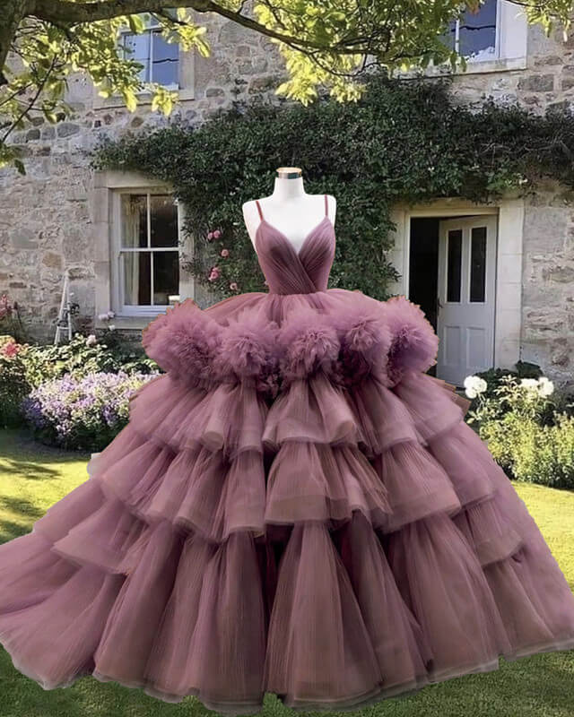 strapless open back dress High Low Puffy Sleeves Tulle Purple Prom Dress – Sassymyprom main image 1