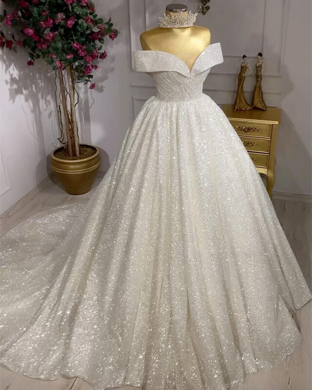 Ivory Sparkly Off Shoulder Wedding Gown