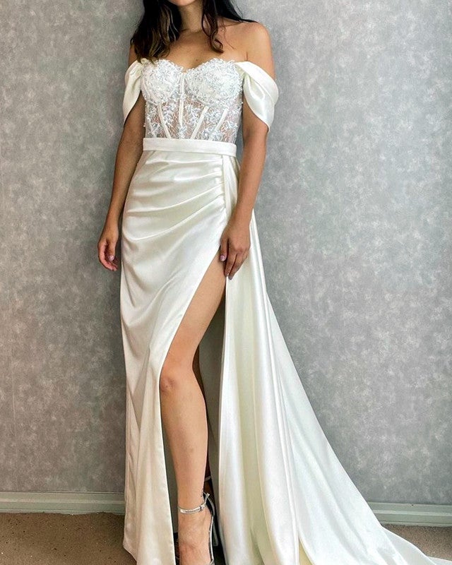 White Mermaid Corset Prom Dresses Split White Mermaid Corset Prom Dresses Split